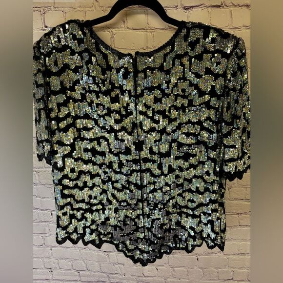 VINTAGE Laurence Kazar 80s Silk Glam Beaded Sequin Mob Wife Art Deco Top 2X - Picture 2 of 10